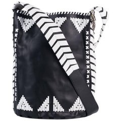 Roberto Cavalli Womens Black Leather White Tribal Stitched Hobo Bag