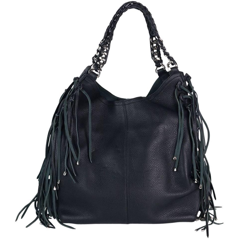Roberto Cavalli Women Black Leather Chain Strap Fringe Edge Shoulder Bag For Sale