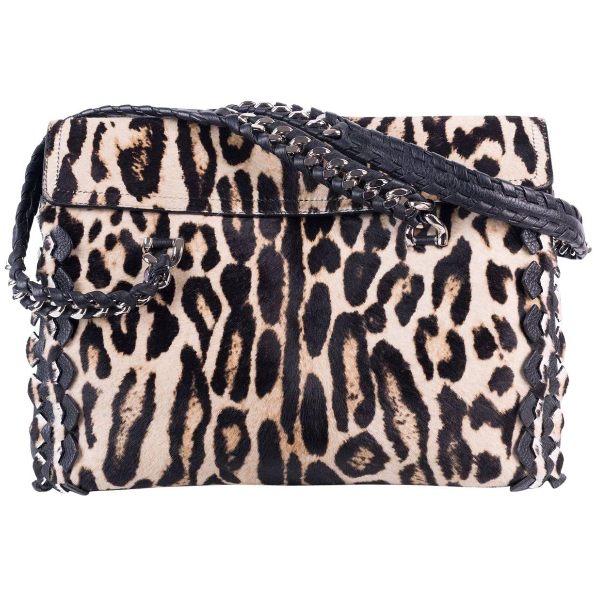 Roberto Cavalli Womens Cheetah Print Pony Hair Black Leather Handbag For Sale