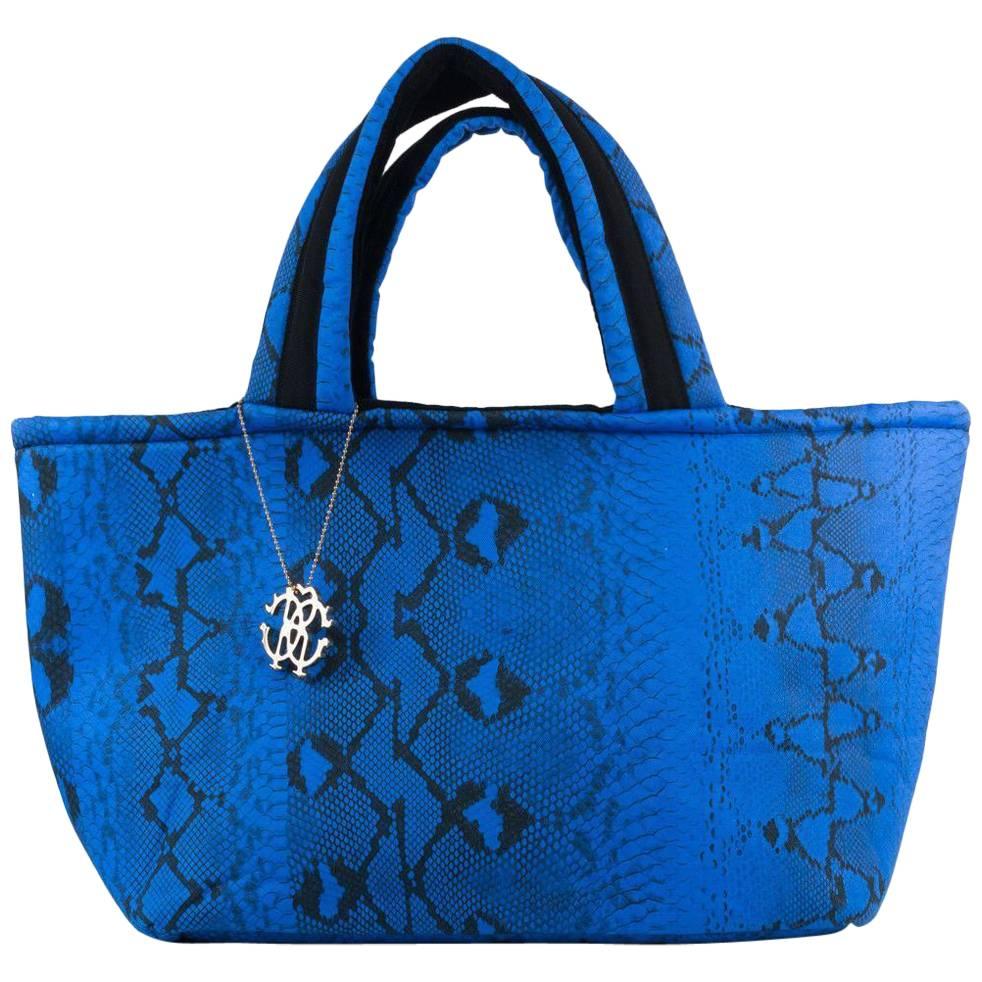 Roberto Cavalli Womens Blue Snake Printed Large Flat Strap Shopper Tote~RTL$506  For Sale