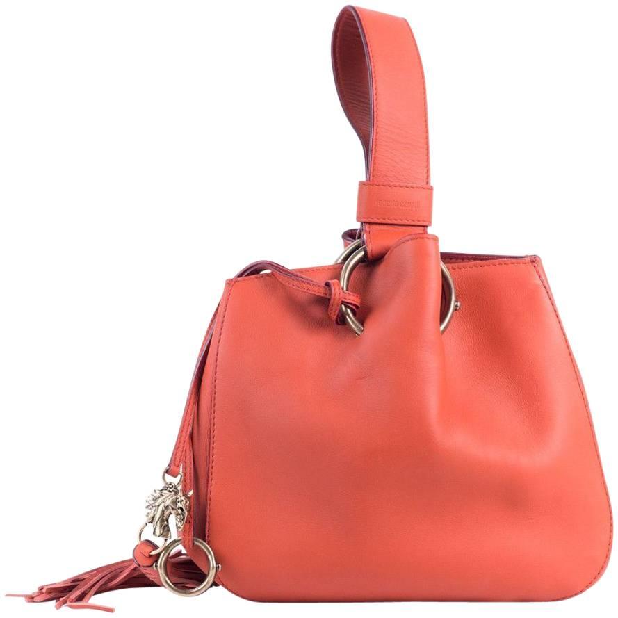 Roberto Cavalli Small Burnt-Orange Leather Tassel Wristlet Bucket Bag
