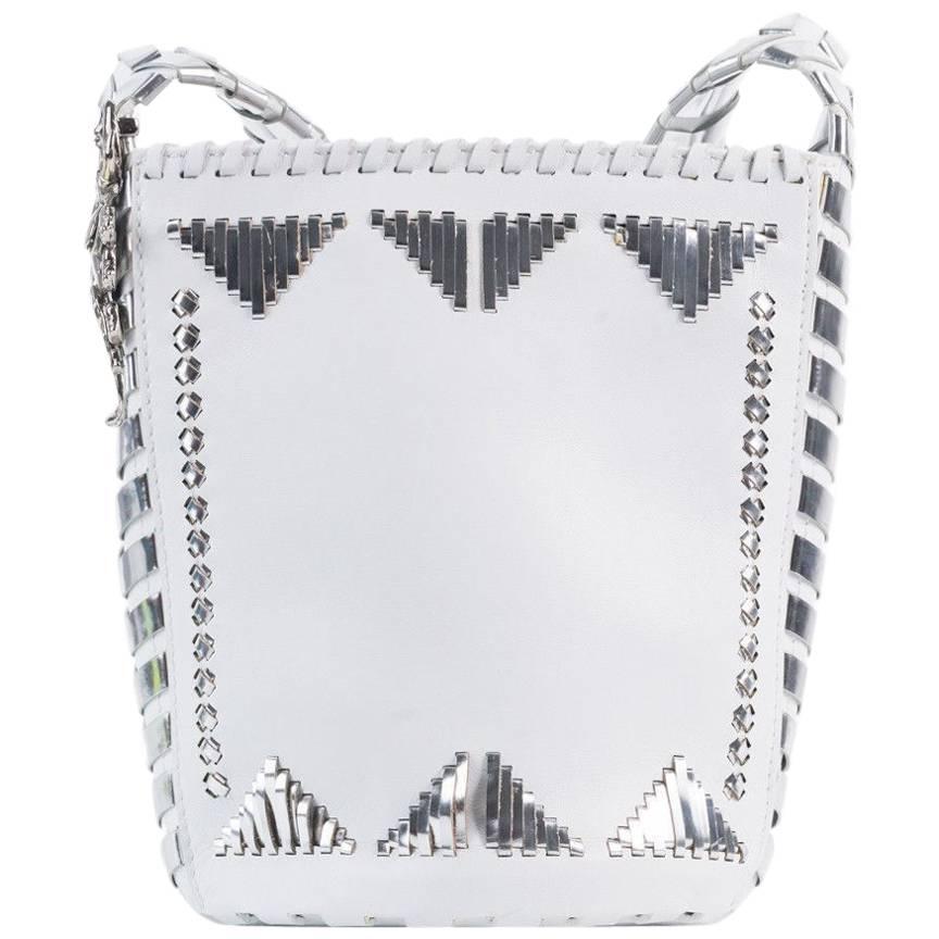 Roberto Cavalli Women's White Leather Silver Accent Shoulder Bucket Bag For Sale