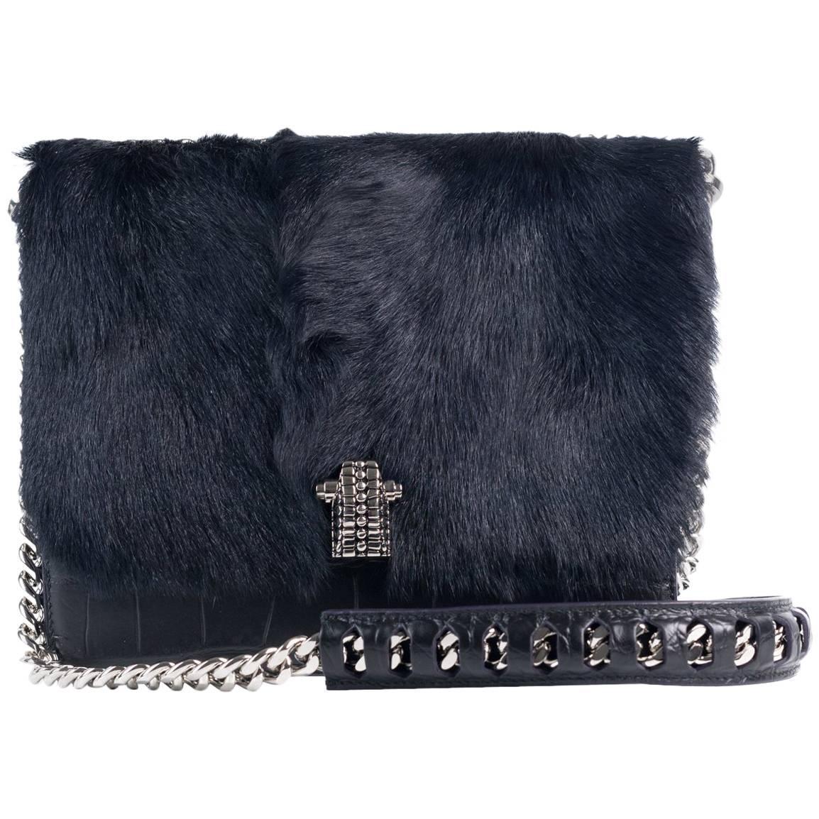 NEW~Roberto Cavalli Black Leather Navy Tinted Fur Chained Shoulder Bag For Sale