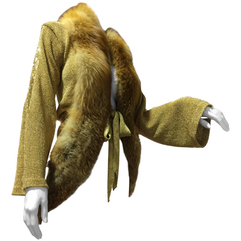 1970s Style Metallic Gold HandKnit Cardigan Sweater Trimmed in Red Fox