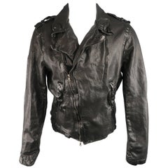 Men's NEIL BARRETT L Black Wrinkled Distressed Buffalo Leather Biker Jacket