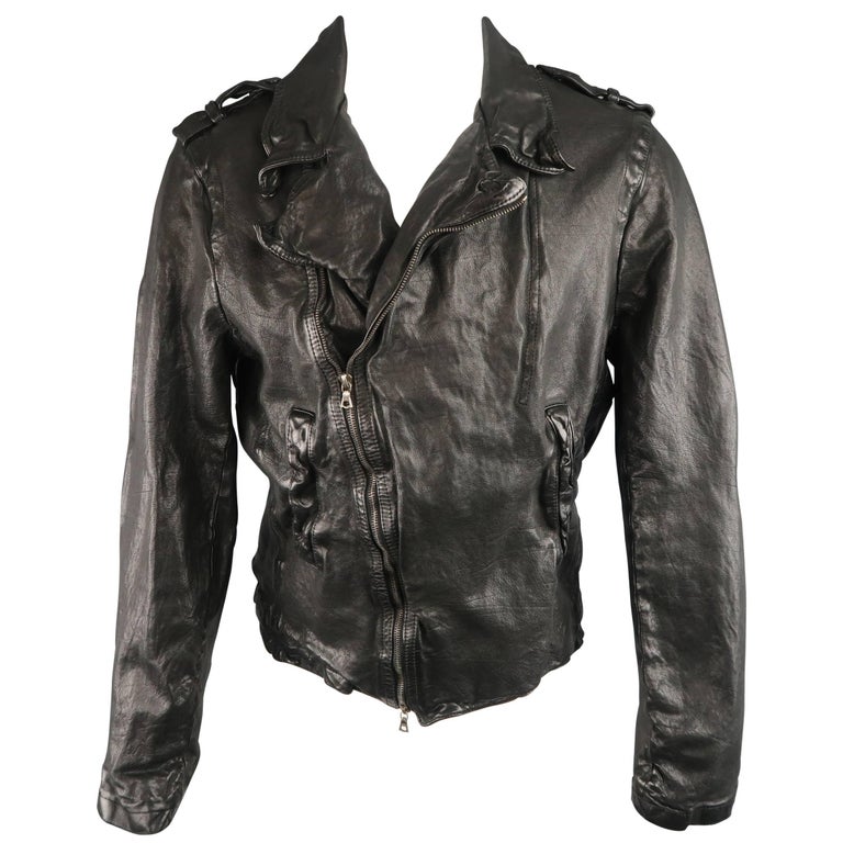 Men's NEIL BARRETT L Black Wrinkled Distressed Buffalo Leather Biker ...