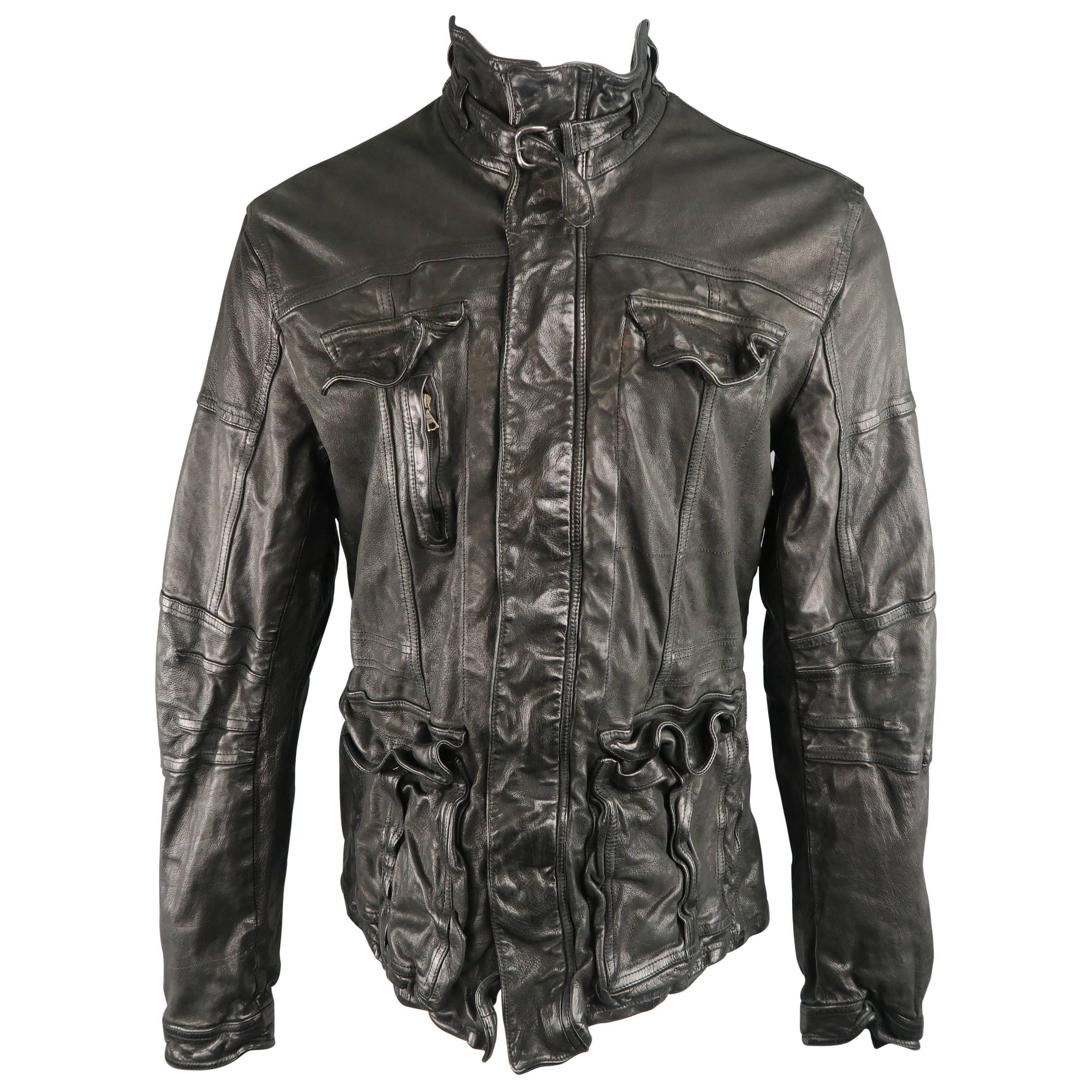 Men's NEIL BARRETT L Black Wrinkled Leather High Collar Racing Jacket