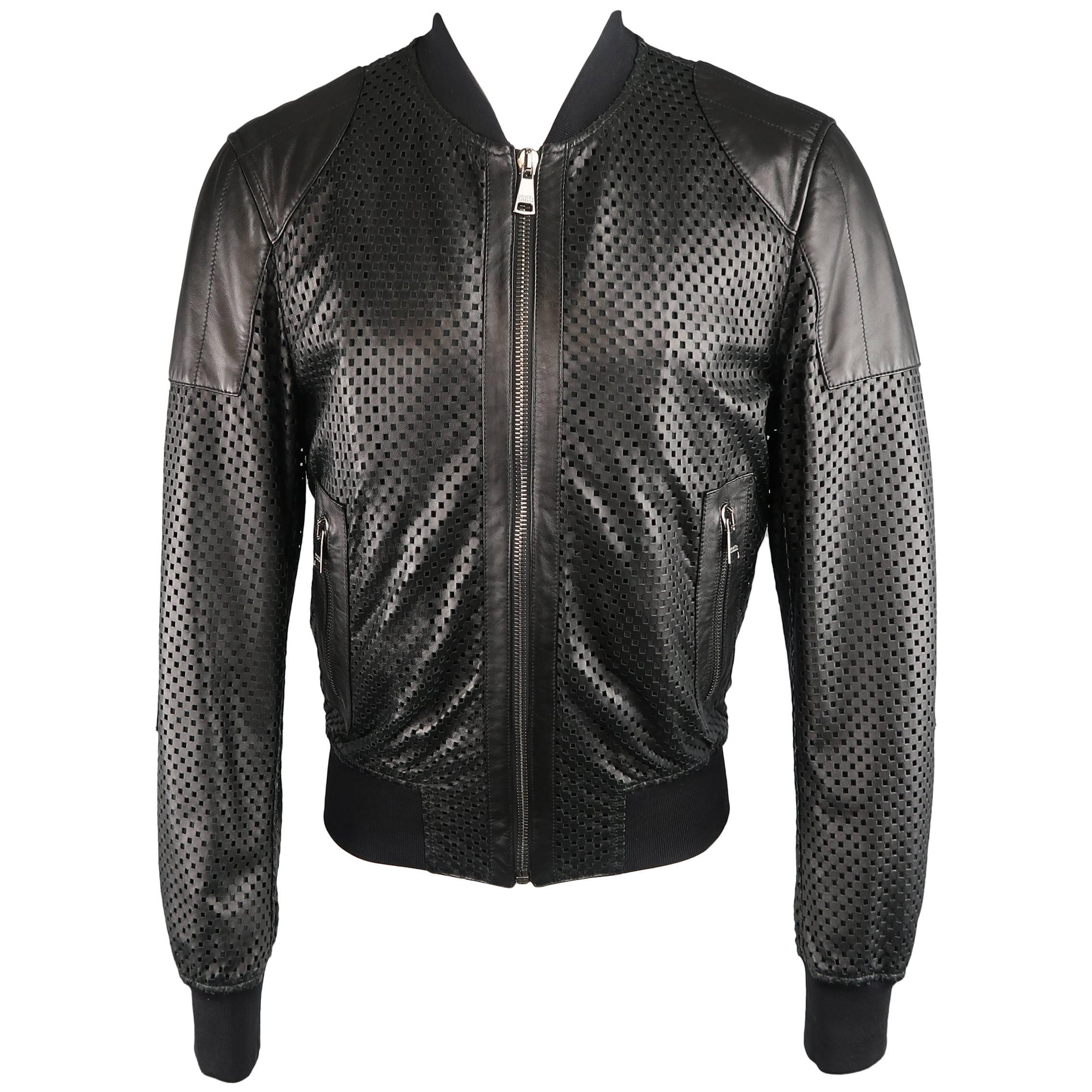 Men's DOLCE & GABBANA 40 Black Checkered Perforated Leather Baseball Jacket