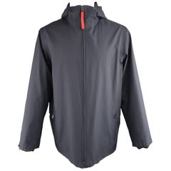 Men's PRADA 40 Navy Nylon Hooded Zip Pocket Overcoat