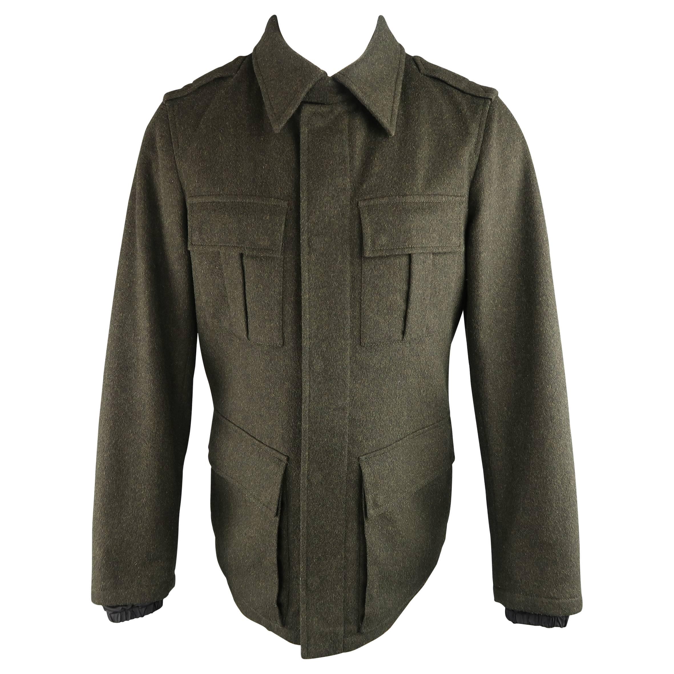 Men's PRADA 40 Heather Green Wool Collared Military Pea Coat Jacket