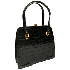 Vintage 1950'S French Leather Crocodile Emobssed Handbag By, Dofan