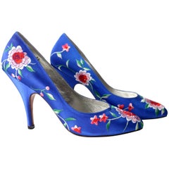 Norma Kamali Vintage Blue Satin Embroidered Floral Pumps