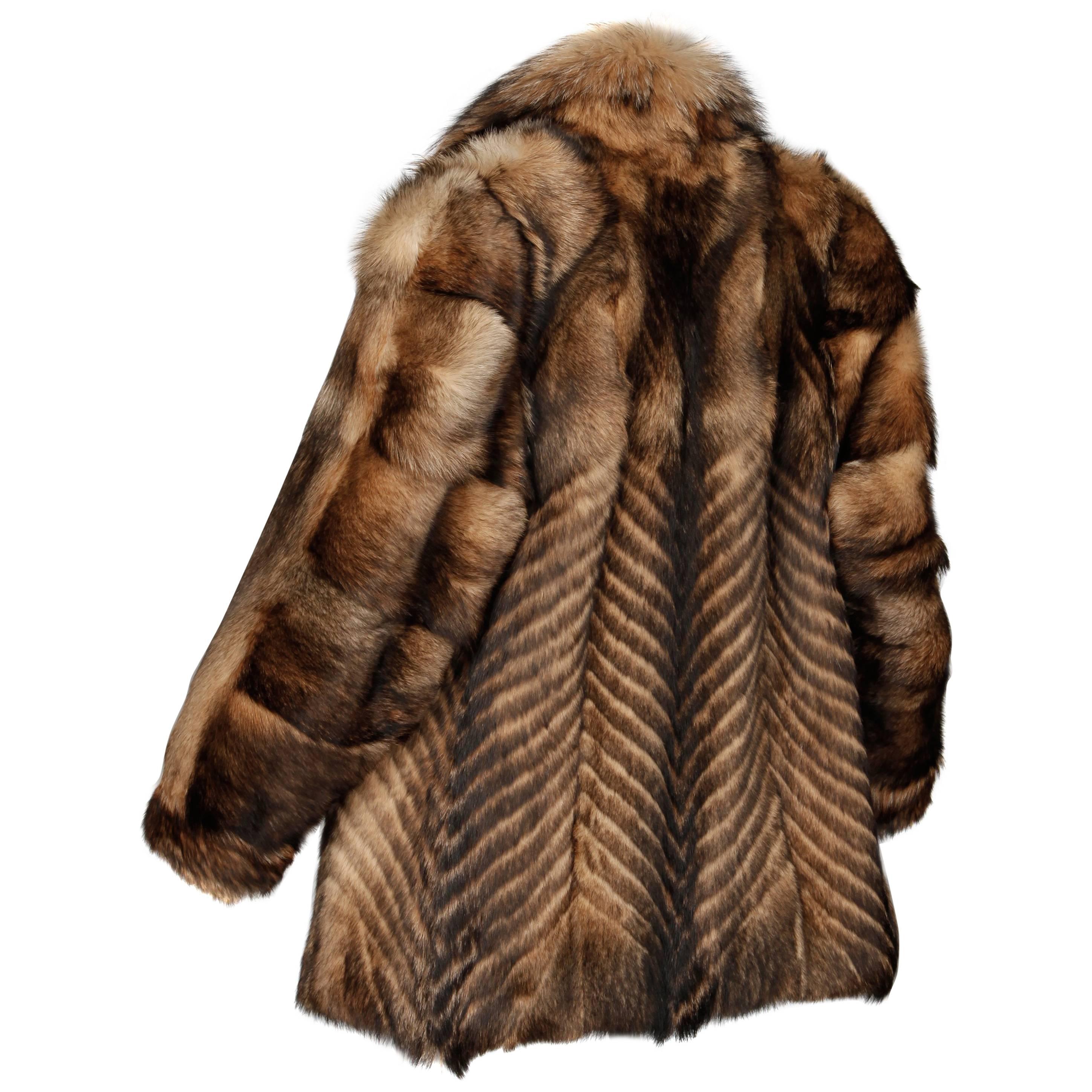 Vintage Brown + Beige Feathered Chevron Wolf Fur Short Car Coat or Jacket