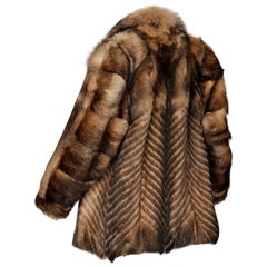 Retro Brown + Beige Feathered Chevron Wolf Fur Short Car Coat or Jacket