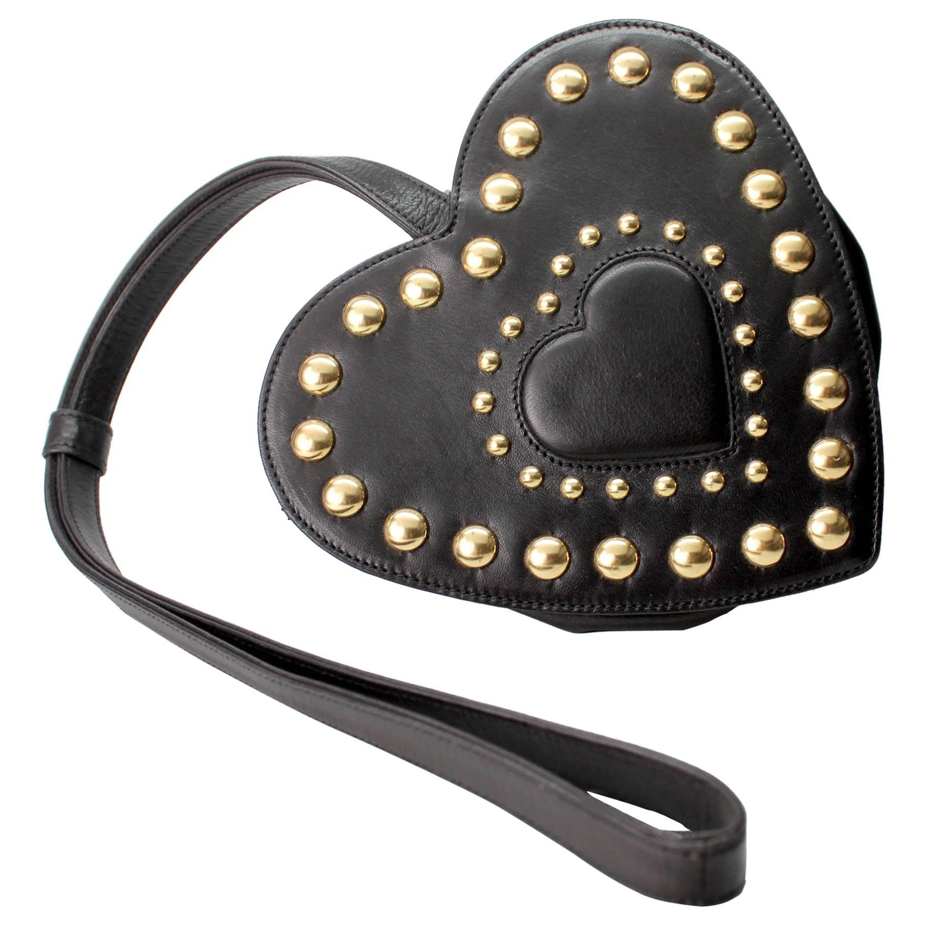 Moschino Black and Gold Studded Heart Shaped Handbag, 1980s 