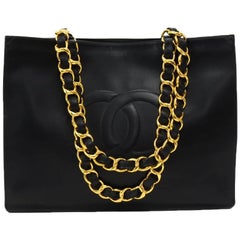 Vintage Chanel Jumbo XL Black Leather Shoulder Shopping Tote Bag 