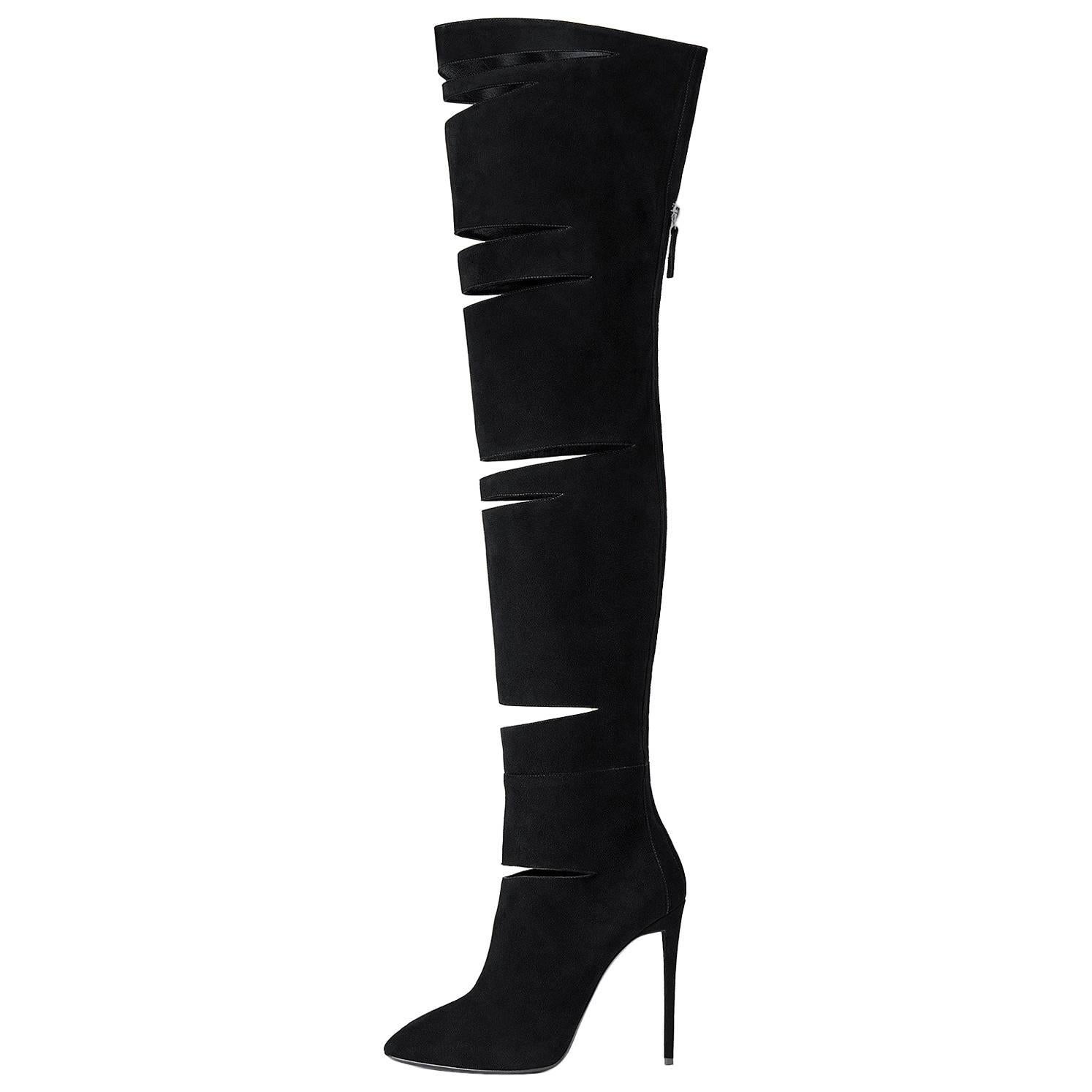 Giuseppe Zanotti New Black Suede Sexy Slits Over Knee Thigh High Boots 