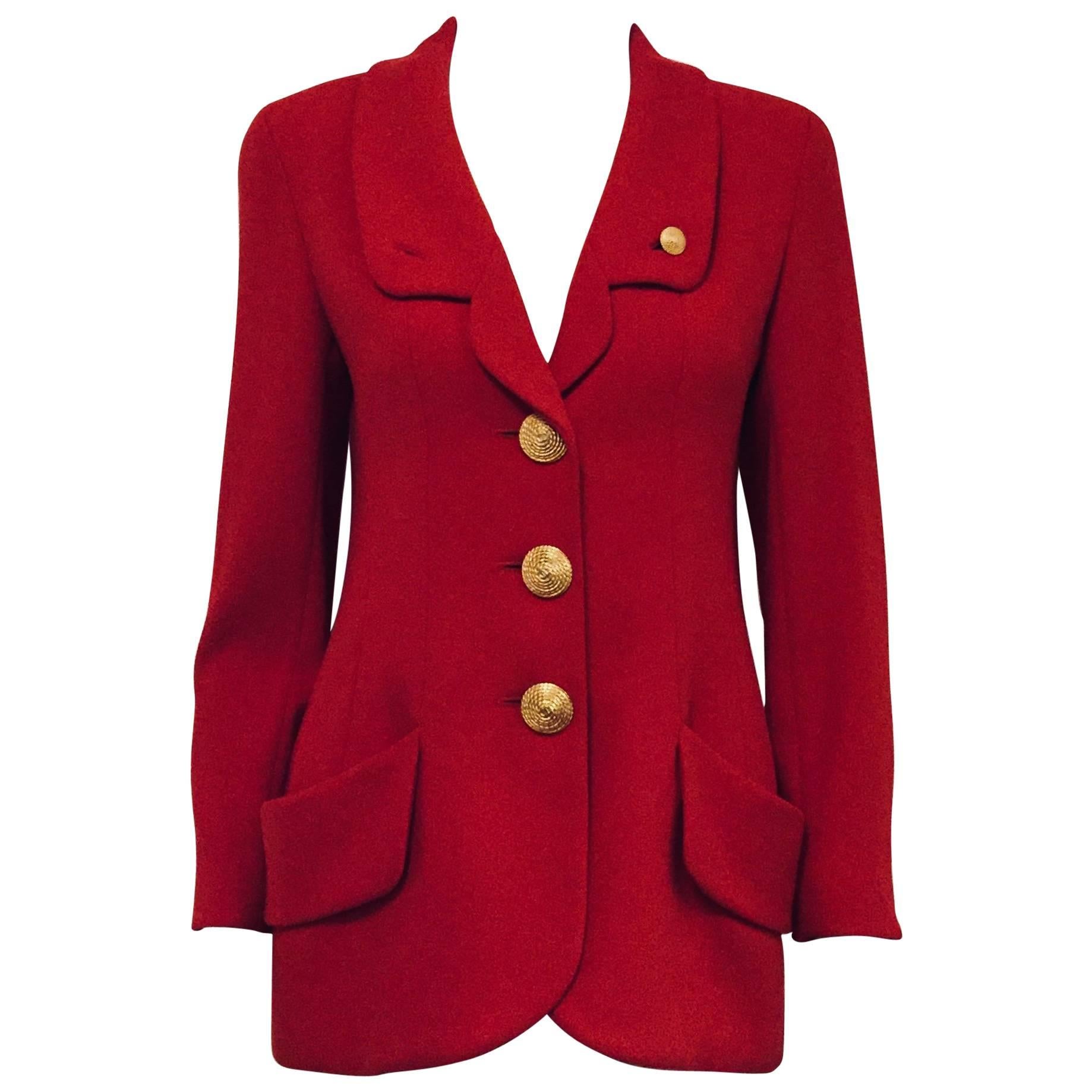  Chanel Red Wool Single Breasted Jacket W 2 Flap Bucket Pocketsts 