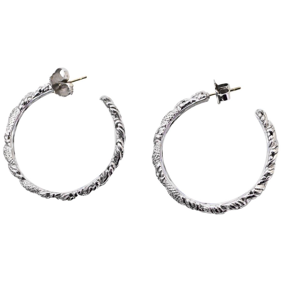 John Hardy Sterling Silver and Pave Diamond Hoop Earrings with Dust Bag