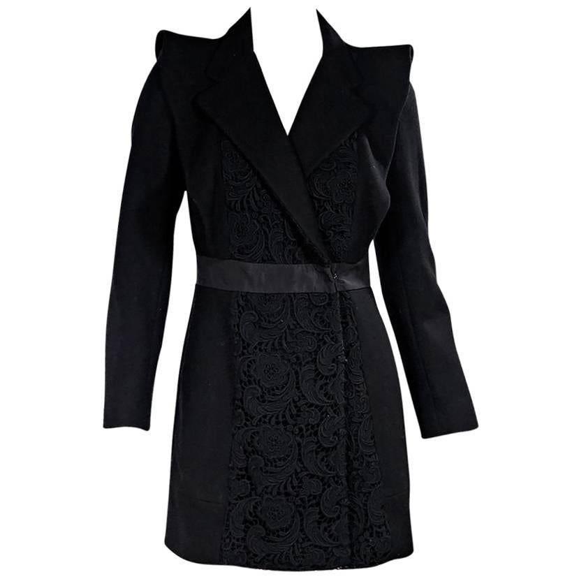 Prada Black Virgin Wool and Lace Coat