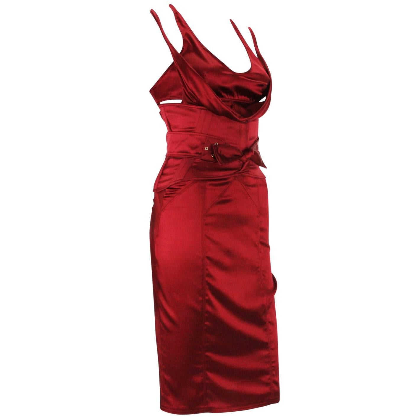 Tom Ford for Gucci F/W 2003 Ruby Red Corset Belt Silk Dress It. 40 - 4 