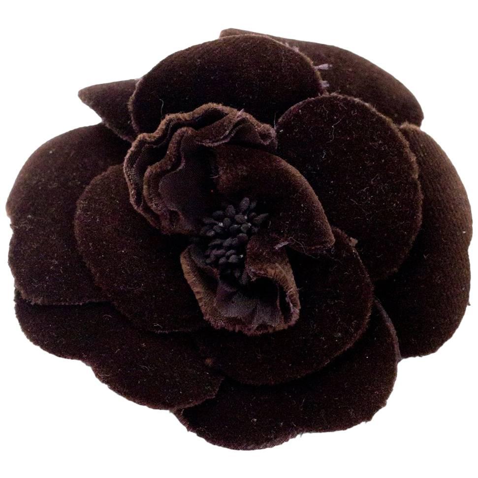 Chanel Brown Velvet Camellia Flower Brooch Pin