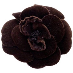 Chanel Brown Velvet Camellia Flower Brooch Pin