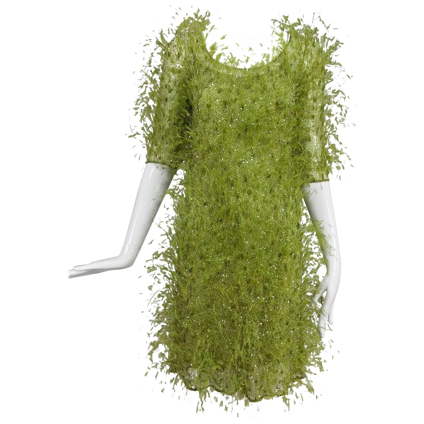 Chado Ralph Rucci spring green chiffon feather and sequin dress
