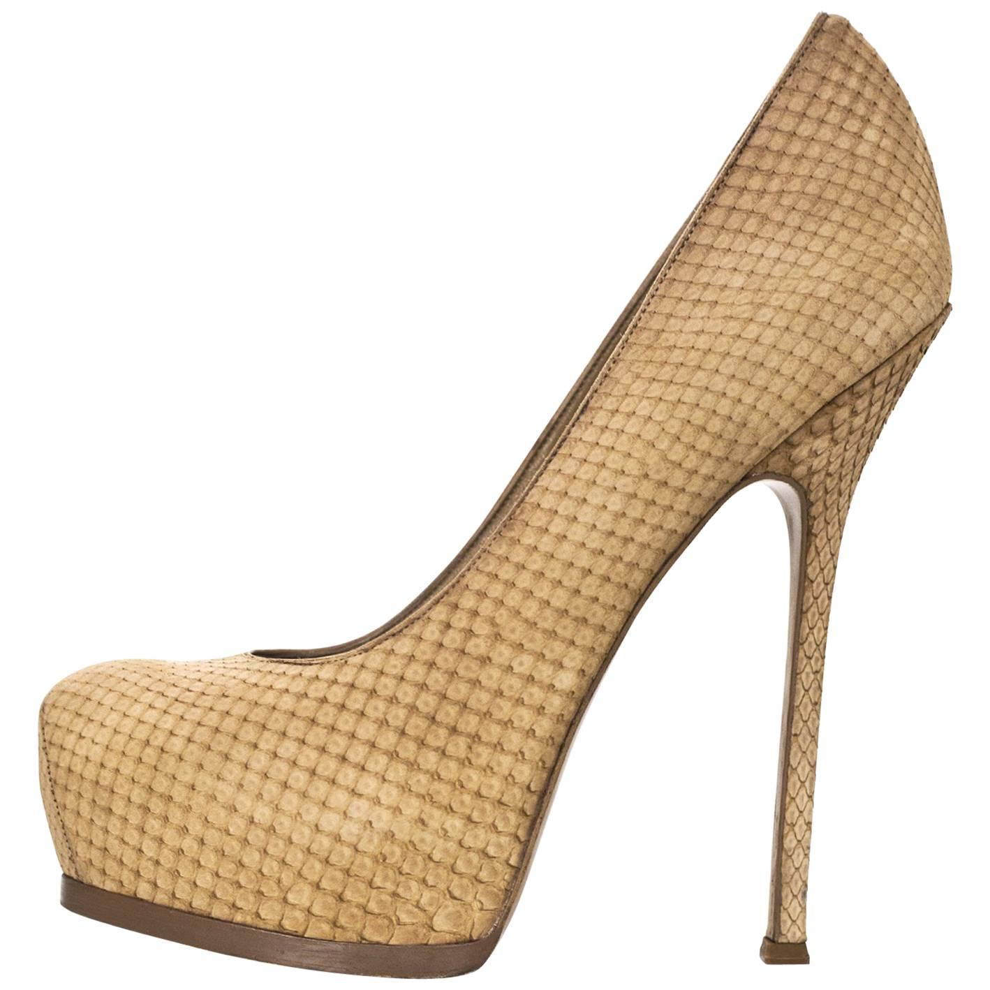 YSL Beige Sueded Python Tribute Two 105mm Pumps Sz 40