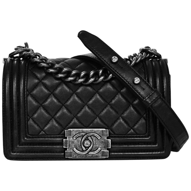 Chanel Black Quilted Lambskin Small Boy Bag with Dust Bag For Sale at