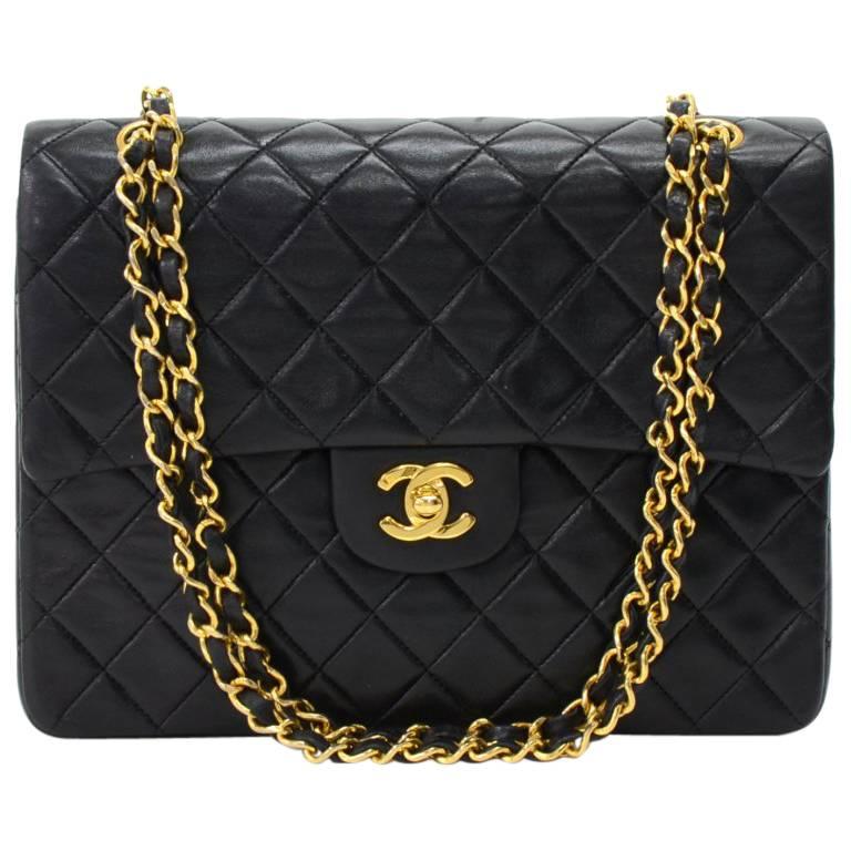 Chanel Vintage 2.55 10 inch Tall Double Flap Black Quilted Leather Shoulder Bag 
