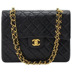 Chanel Vintage 2.55 10 inch Tall Double Flap Black Quilted Leather Shoulder Bag