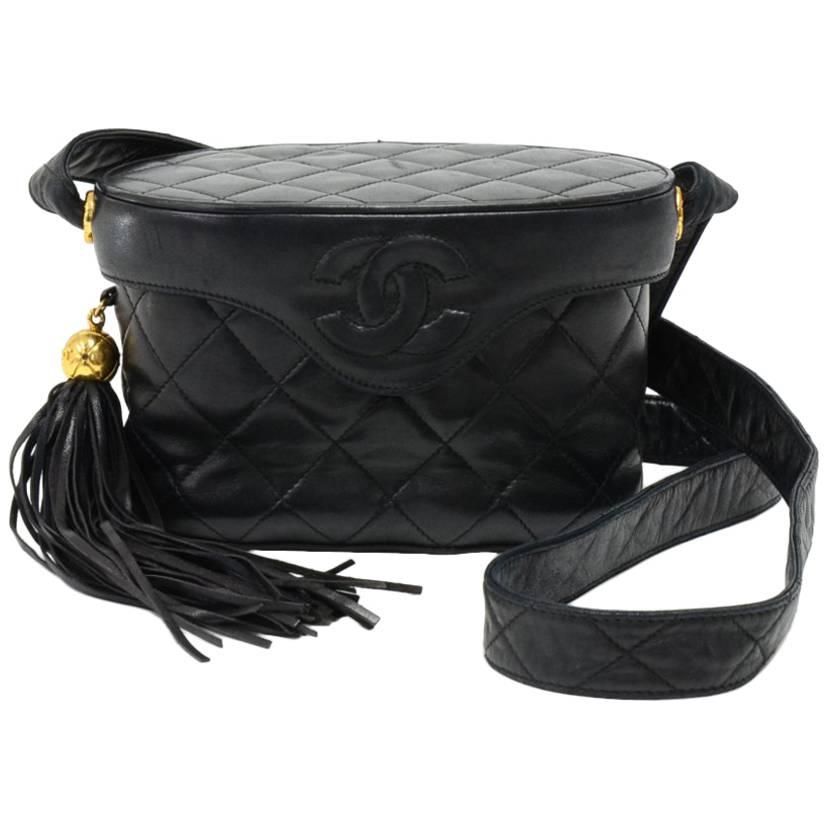 Chanel Black Quilted Leather Vanity Cosmetic Shoulder Bag with Fringe For Sale