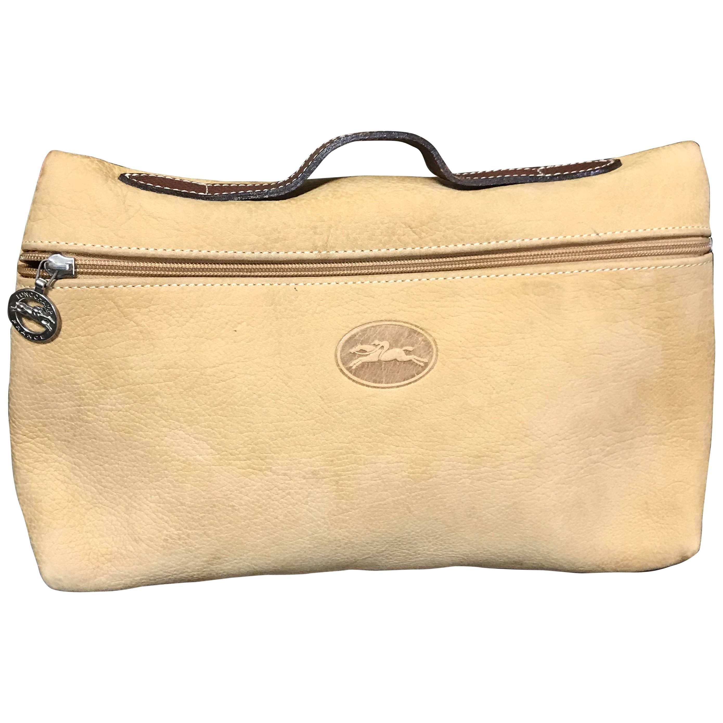 Vintage Longchamp beige suede leather travel pouch, Mini purse with logo motif.