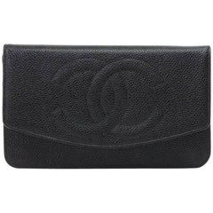 Vintage Chanel Black Caviar Leather CC Logo Long Wallet