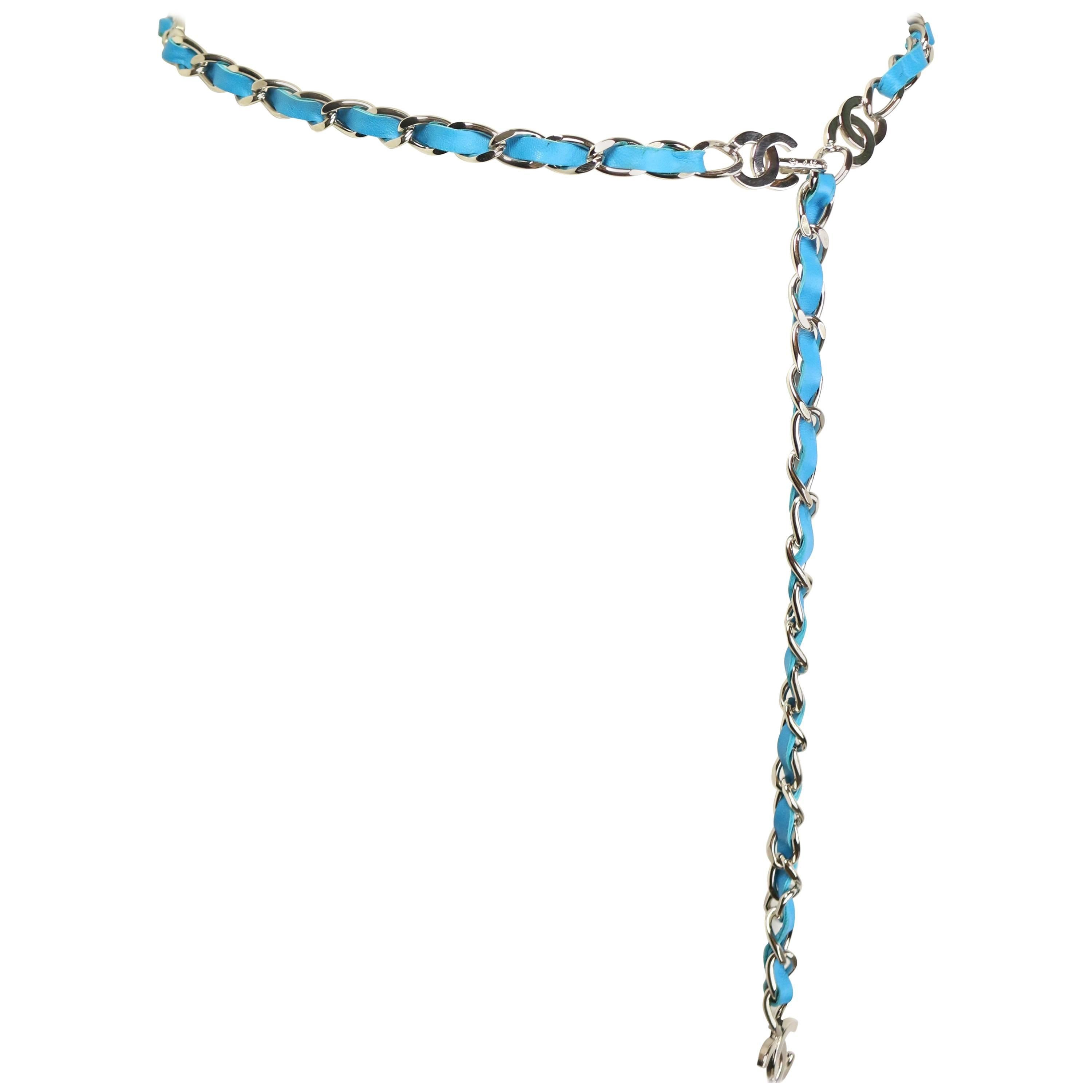 Chanel Turquoise Lambskin Leather "CC" Silver Chain Belt