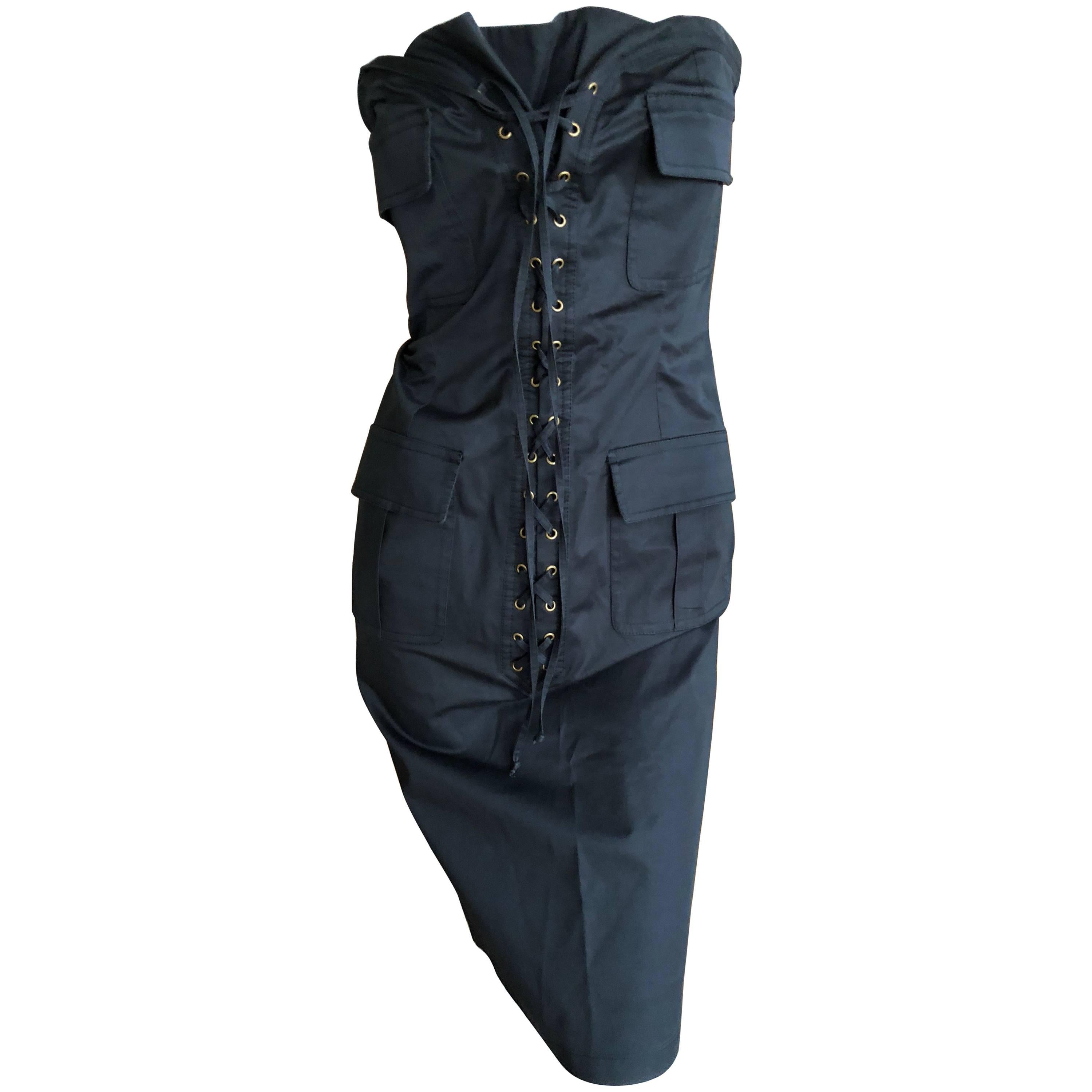 Yves Saint Laurent by Tom Ford Strapless Black Safari Dress with Corset Lacing  For Sale