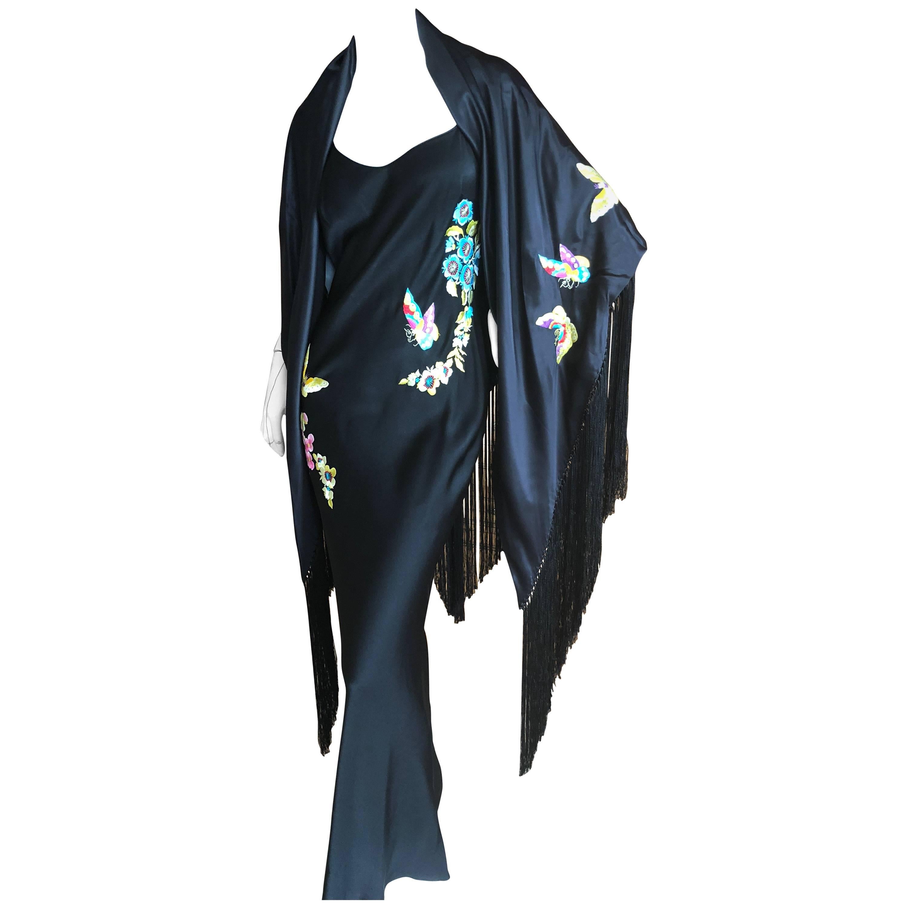 John Galliano Bias Cut Vintage Butterfly Embroidered Dress with Piano Fringed Sh