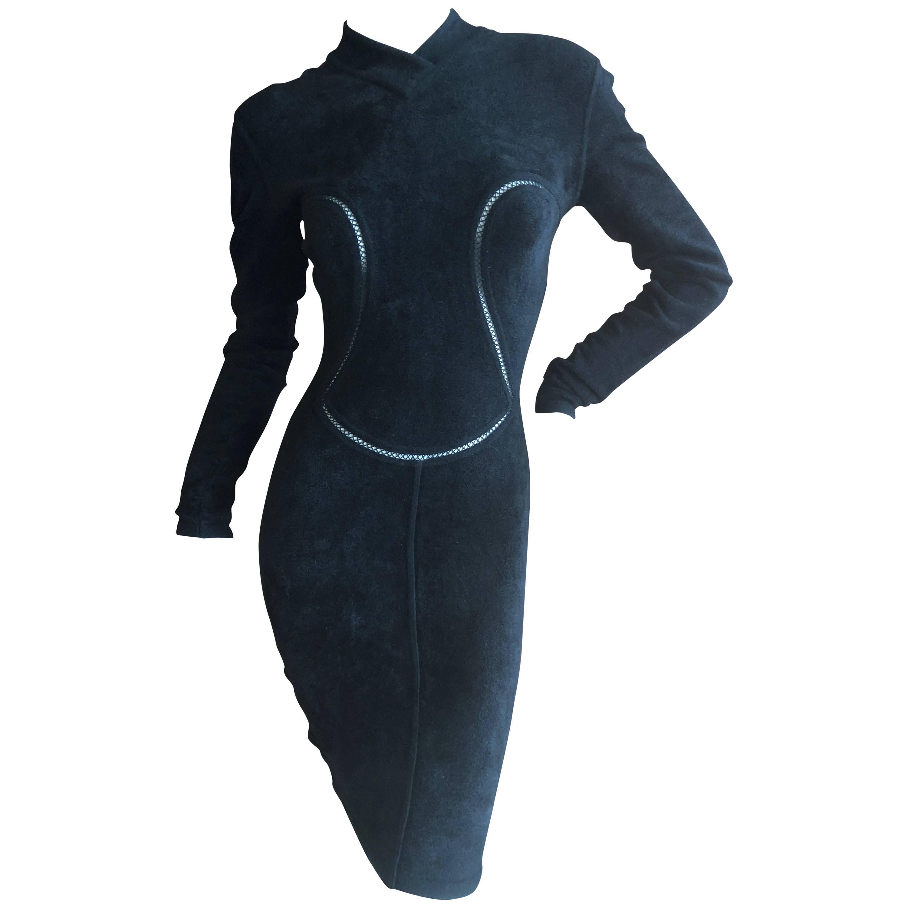 Azzedine Alaia Vintage A' 1991Plush Velour Little Black Dress with Sheer Inserts For Sale