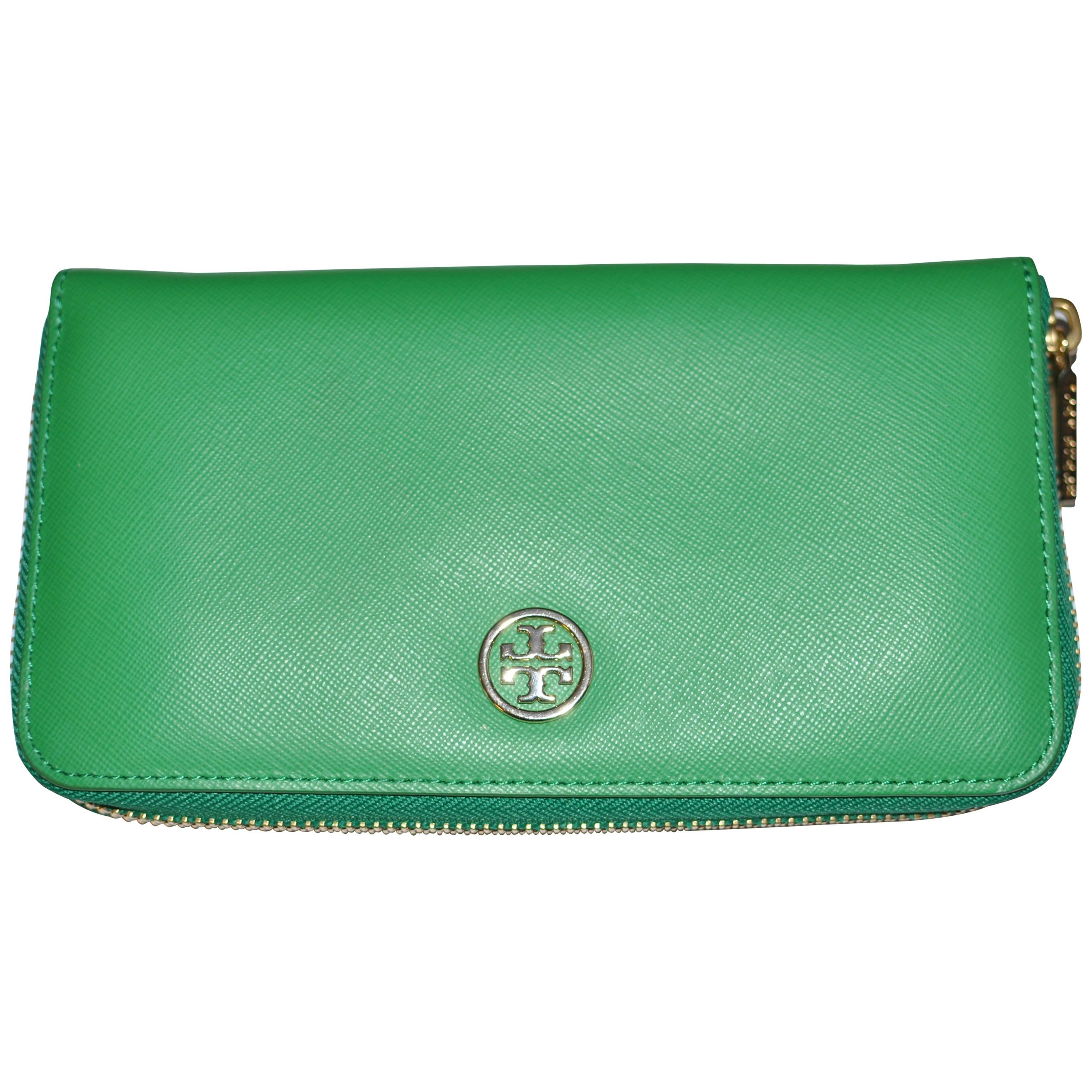 Tory Burch Emerald Green Leather Dena Zip Wallet  