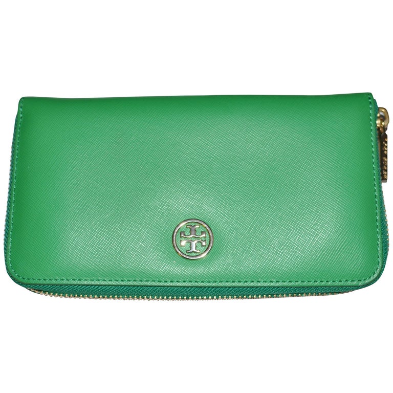 Tory Burch Emerald Green Leather Dena Zip Wallet (Never Used) For Sale