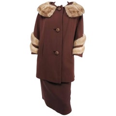 1940s Brown Coat & Skirt Set w/ Mink Trim