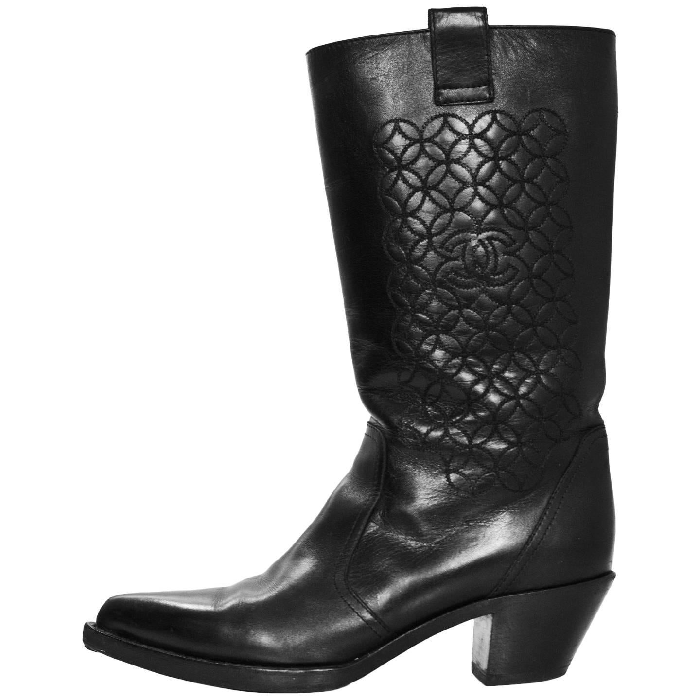 Chanel Black Leather Cowboy Boots Sz 38