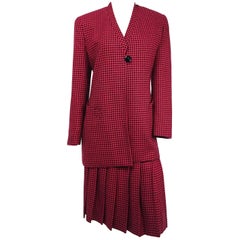 Vintage 1980s Christian Dior Red & Black Houndstooth Two Piece Skirt Suit Set