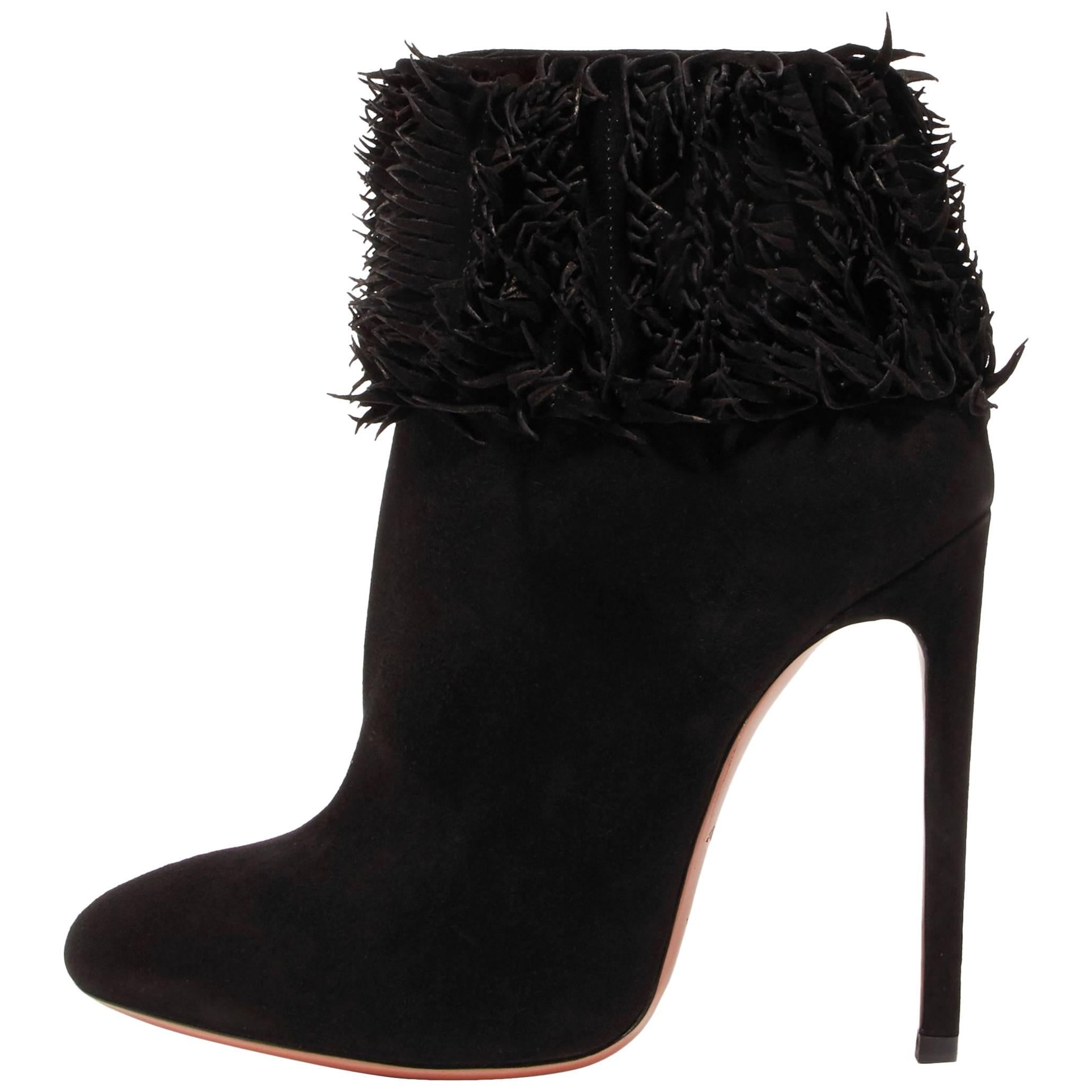 Alaia New Black Suede Ruffle Top Ankle Booties Boots in Box