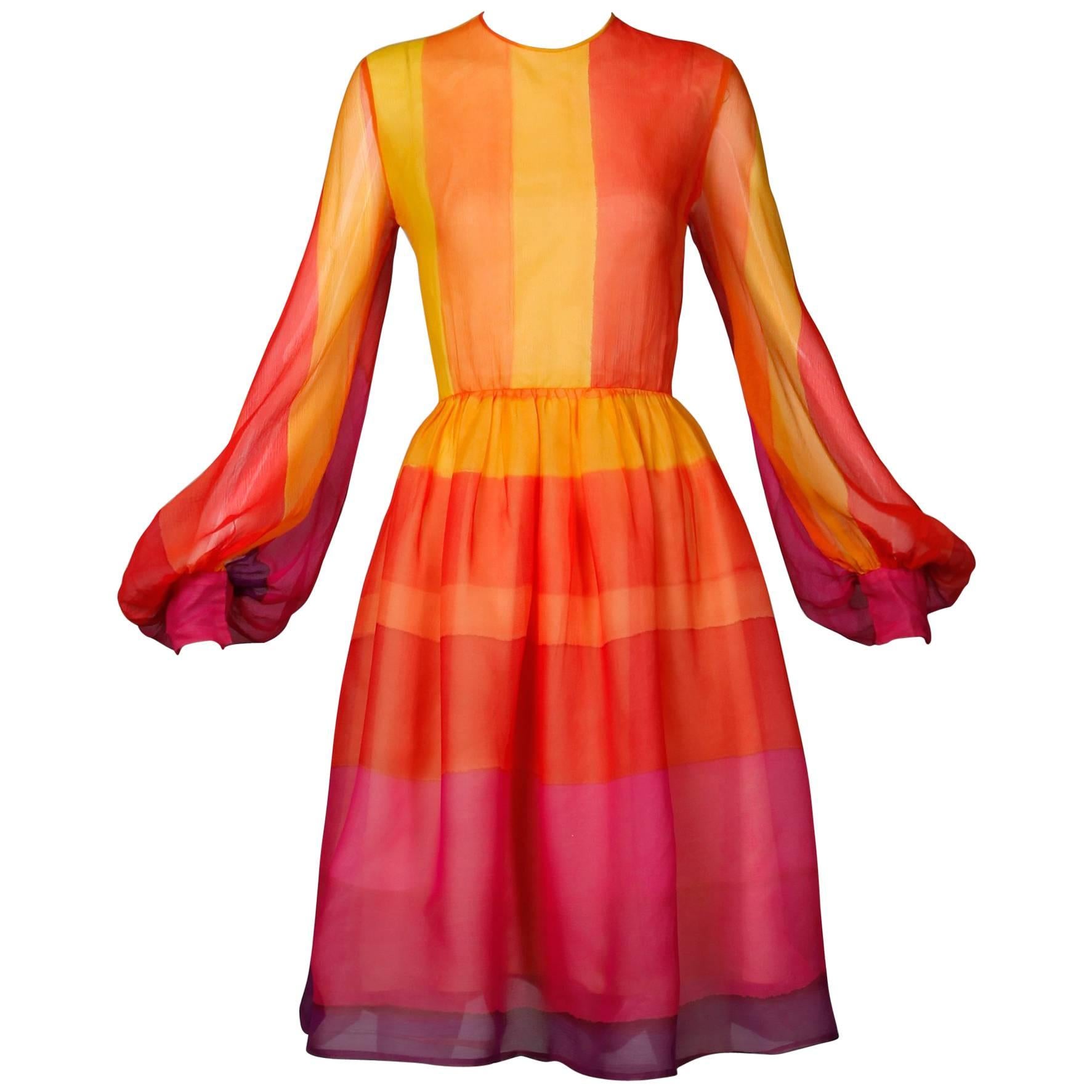 1960s Kiki Hart Vintage Bright Rainbow Dyed Color Block Silk Chiffon Dress