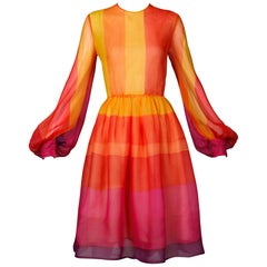 1960s Kiki Hart Vintage Bright Rainbow Dyed Color Block Silk Chiffon Dress