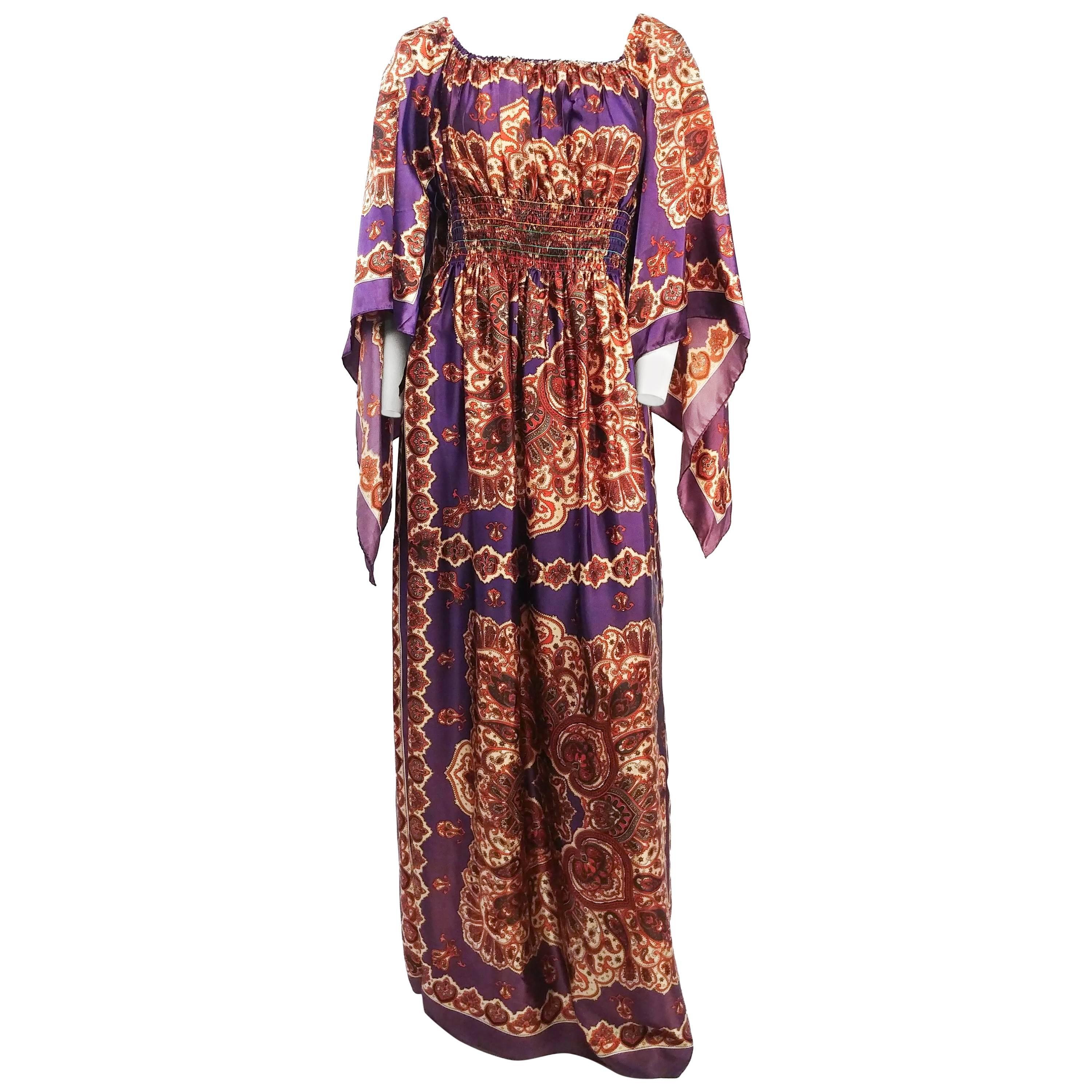 1970s Purple Paisley Handkerchief Dress For Sale