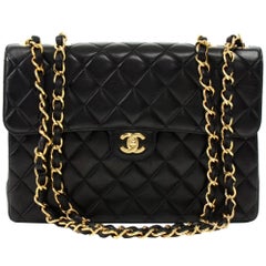 Chanel 12" Jumbo Black Quilted Leather Shoulder Flap Bag 