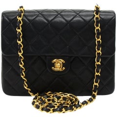 Vintage Chanel 8 inch Mini Black Quilted Leather Shoulder  Flap Bag
